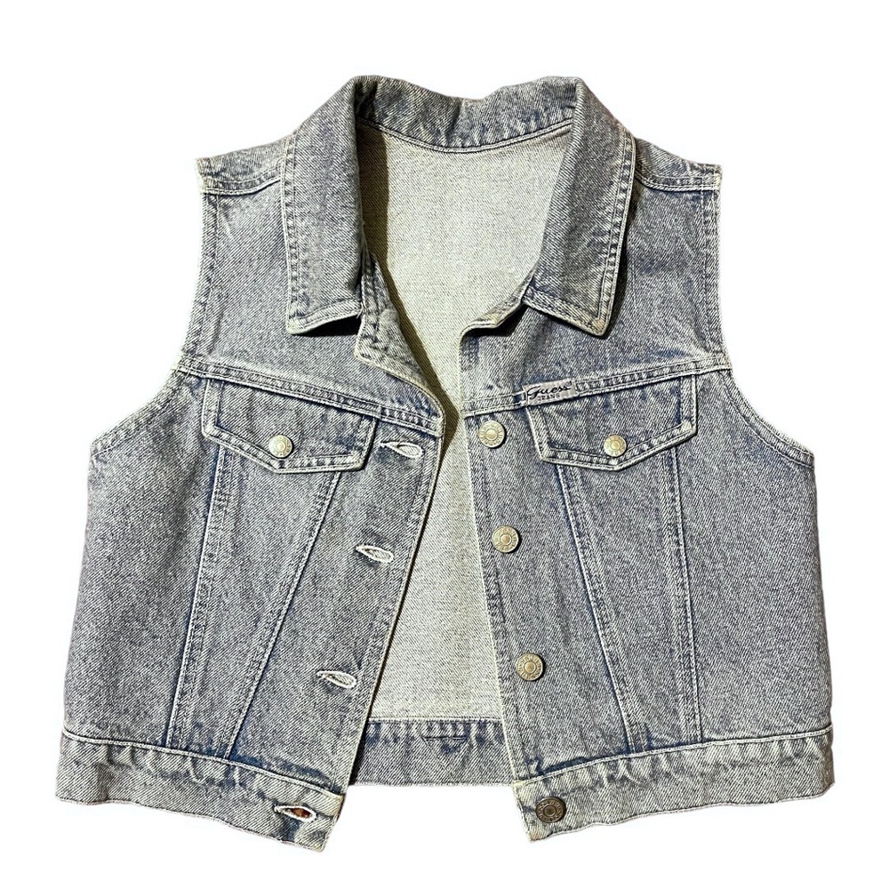 90’s Vintage GUESS Denim Jean Vest Embellished w/ Pink Heart ~ Girls Size LARGE